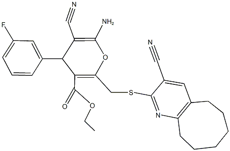 ethyl 6-amino-5-cyano-2-{[(3-cyano-5,6,7,8,9,10-hexahydrocycloocta[b]pyridin-2-yl)sulfanyl]methyl}-4-(3-fluorophenyl)-4H-pyran-3-carboxylate,445384-10-1,结构式