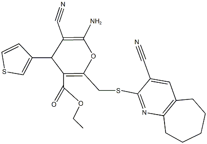 ethyl 6-amino-5-cyano-2-{[(3-cyano-6,7,8,9-tetrahydro-5H-cyclohepta[b]pyridin-2-yl)sulfanyl]methyl}-4-(3-thienyl)-4H-pyran-3-carboxylate Structure