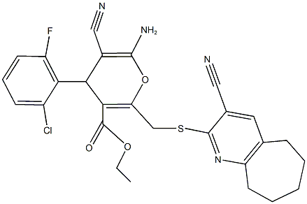 ethyl 6-amino-4-(2-chloro-6-fluorophenyl)-5-cyano-2-{[(3-cyano-6,7,8,9-tetrahydro-5H-cyclohepta[b]pyridin-2-yl)sulfanyl]methyl}-4H-pyran-3-carboxylate Structure
