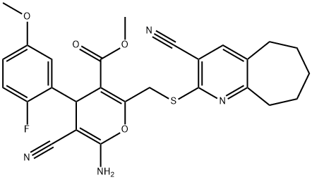 methyl 6-amino-5-cyano-2-{[(3-cyano-6,7,8,9-tetrahydro-5H-cyclohepta[b]pyridin-2-yl)sulfanyl]methyl}-4-(2-fluoro-5-methoxyphenyl)-4H-pyran-3-carboxylate 结构式