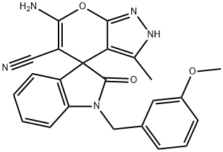 6-amino-1'-(3-methoxybenzyl)-5-cyano-3-methyl-1',3',2,4-tetrahydro-2'-oxospiro[pyrano{2,3-c}pyrazole-4,3'-(2'H)-indole] Structure