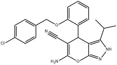 6-amino-4-(2-{[(4-chlorophenyl)methyl]oxy}phenyl)-3-(1-methylethyl)-2,4-dihydropyrano[2,3-c]pyrazole-5-carbonitrile 结构式