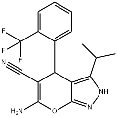 6-amino-3-isopropyl-4-[2-(trifluoromethyl)phenyl]-2,4-dihydropyrano[2,3-c]pyrazole-5-carbonitrile Structure