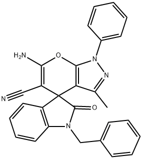 6-amino-1'-benzyl-5-cyano-3-methyl-2'-oxo-1-phenyl-1,1',3',4-tetrahydrospiro(pyrano[2,3-c]pyrazole-4,3'-[2'H]-indole) Struktur