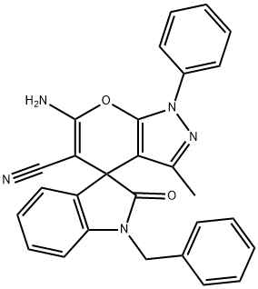 6-amino-1'-benzyl-5-cyano-3-methyl-2'-oxo-1-phenyl-1,1',3',4-tetrahydrospiro(pyrano[2,3-c]pyrazole-4,3'-[2'H]-indole) Structure