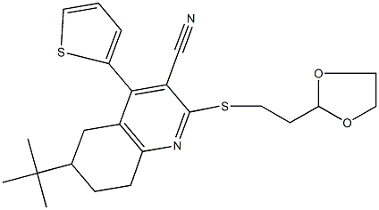 6-tert-butyl-2-{[2-(1,3-dioxolan-2-yl)ethyl]sulfanyl}-4-(2-thienyl)-5,6,7,8-tetrahydro-3-quinolinecarbonitrile Struktur