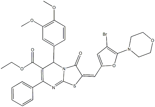ethyl 2-{[4-bromo-5-(4-morpholinyl)-2-furyl]methylene}-5-(3,4-dimethoxyphenyl)-3-oxo-7-phenyl-2,3-dihydro-5H-[1,3]thiazolo[3,2-a]pyrimidine-6-carboxylate Struktur