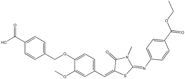 4-({4-[(2-{[4-(ethoxycarbonyl)phenyl]imino}-3-methyl-4-oxo-1,3-thiazolidin-5-ylidene)methyl]-2-methoxyphenoxy}methyl)benzoic acid 结构式