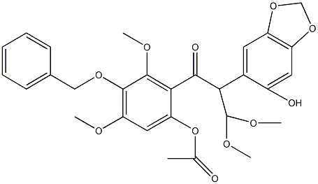 4-(benzyloxy)-2-[2-(6-hydroxy-1,3-benzodioxol-5-yl)-3,3-dimethoxypropanoyl]-3,5-dimethoxyphenyl acetate 结构式