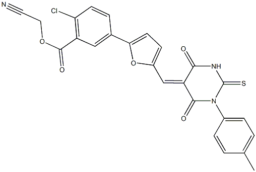 cyanomethyl 2-chloro-5-{5-[(1-(4-methylphenyl)-4,6-dioxo-2-thioxotetrahydro-5(2H)-pyrimidinylidene)methyl]-2-furyl}benzoate 化学構造式