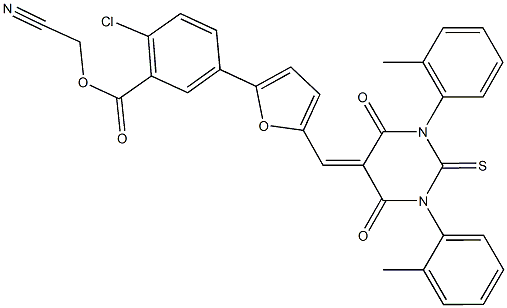 cyanomethyl 5-{5-[(1,3-bis(2-methylphenyl)-4,6-dioxo-2-thioxotetrahydro-5(2H)-pyrimidinylidene)methyl]-2-furyl}-2-chlorobenzoate,445409-83-6,结构式