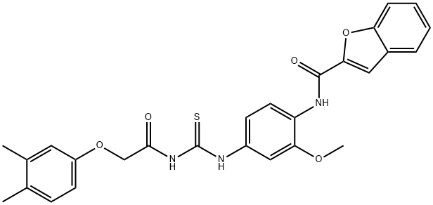 N-{4-[({[(3,4-dimethylphenoxy)acetyl]amino}carbothioyl)amino]-2-methoxyphenyl}-1-benzofuran-2-carboxamide Struktur
