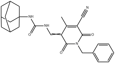 N-(1-adamantyl)-N'-[(1-benzyl-5-cyano-4-methyl-2,6-dioxo-1,6-dihydro-3(2H)-pyridinylidene)methyl]urea 化学構造式