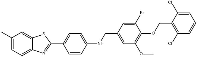 N-{3-bromo-4-[(2,6-dichlorobenzyl)oxy]-5-methoxybenzyl}-N-[4-(6-methyl-1,3-benzothiazol-2-yl)phenyl]amine 化学構造式