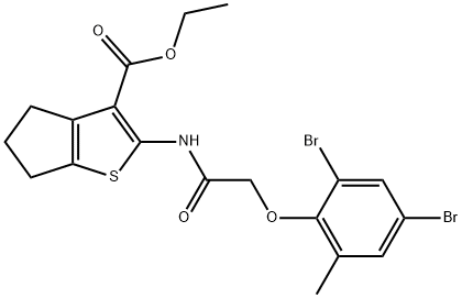 ethyl 2-{[(2,4-dibromo-6-methylphenoxy)acetyl]amino}-5,6-dihydro-4H-cyclopenta[b]thiophene-3-carboxylate 化学構造式