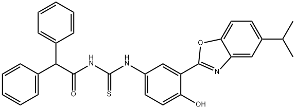 N-(diphenylacetyl)-N'-[4-hydroxy-3-(5-isopropyl-1,3-benzoxazol-2-yl)phenyl]thiourea Structure