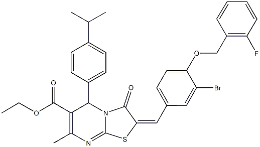 ethyl 2-{3-bromo-4-[(2-fluorobenzyl)oxy]benzylidene}-5-(4-isopropylphenyl)-7-methyl-3-oxo-2,3-dihydro-5H-[1,3]thiazolo[3,2-a]pyrimidine-6-carboxylate 结构式