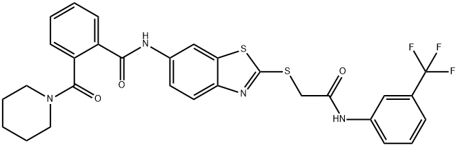 N-[2-({2-oxo-2-[3-(trifluoromethyl)anilino]ethyl}sulfanyl)-1,3-benzothiazol-6-yl]-2-(1-piperidinylcarbonyl)benzamide Structure