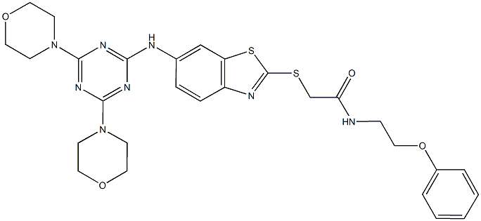 2-({6-[(4,6-dimorpholin-4-yl-1,3,5-triazin-2-yl)amino]-1,3-benzothiazol-2-yl}sulfanyl)-N-(2-phenoxyethyl)acetamide 化学構造式