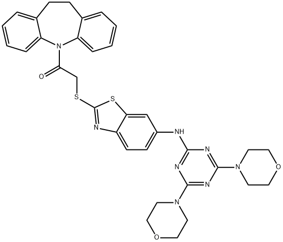 2-{[2-(10,11-dihydro-5H-dibenzo[b,f]azepin-5-yl)-2-oxoethyl]sulfanyl}-N-(4,6-dimorpholin-4-yl-1,3,5-triazin-2-yl)-1,3-benzothiazol-6-amine Structure