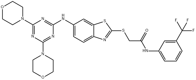 2-({6-[(4,6-dimorpholin-4-yl-1,3,5-triazin-2-yl)amino]-1,3-benzothiazol-2-yl}sulfanyl)-N-[3-(trifluoromethyl)phenyl]acetamide Struktur