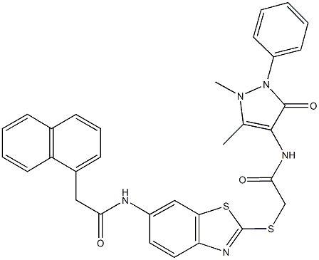 N-[2-({2-[(1,5-dimethyl-3-oxo-2-phenyl-2,3-dihydro-1H-pyrazol-4-yl)amino]-2-oxoethyl}sulfanyl)-1,3-benzothiazol-6-yl]-2-(1-naphthyl)acetamide Struktur
