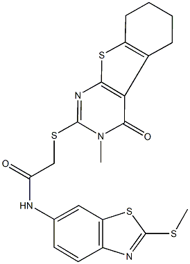 2-[(3-methyl-4-oxo-3,4,5,6,7,8-hexahydro[1]benzothieno[2,3-d]pyrimidin-2-yl)sulfanyl]-N-[2-(methylsulfanyl)-1,3-benzothiazol-6-yl]acetamide 化学構造式