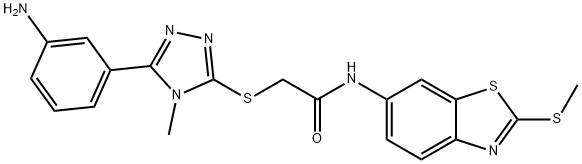 2-{[5-(3-aminophenyl)-4-methyl-4H-1,2,4-triazol-3-yl]sulfanyl}-N-[2-(methylsulfanyl)-1,3-benzothiazol-6-yl]acetamide 化学構造式