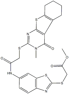 methyl {[6-({[(3-methyl-4-oxo-3,4,5,6,7,8-hexahydro[1]benzothieno[2,3-d]pyrimidin-2-yl)sulfanyl]acetyl}amino)-1,3-benzothiazol-2-yl]sulfanyl}acetate 化学構造式