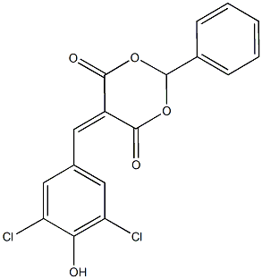 5-(3,5-dichloro-4-hydroxybenzylidene)-2-phenyl-1,3-dioxane-4,6-dione 化学構造式