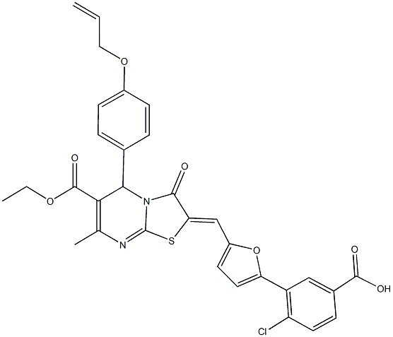 3-{5-[(5-[4-(allyloxy)phenyl]-6-(ethoxycarbonyl)-7-methyl-3-oxo-5H-[1,3]thiazolo[3,2-a]pyrimidin-2(3H)-ylidene)methyl]-2-furyl}-4-chlorobenzoic acid 化学構造式