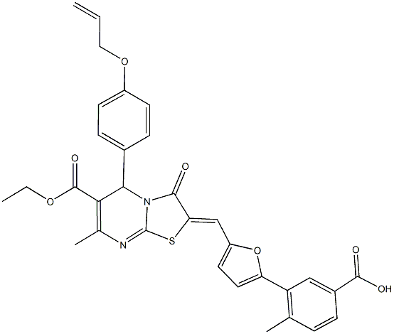 3-{5-[(5-[4-(allyloxy)phenyl]-6-(ethoxycarbonyl)-7-methyl-3-oxo-5H-[1,3]thiazolo[3,2-a]pyrimidin-2(3H)-ylidene)methyl]-2-furyl}-4-methylbenzoic acid Structure