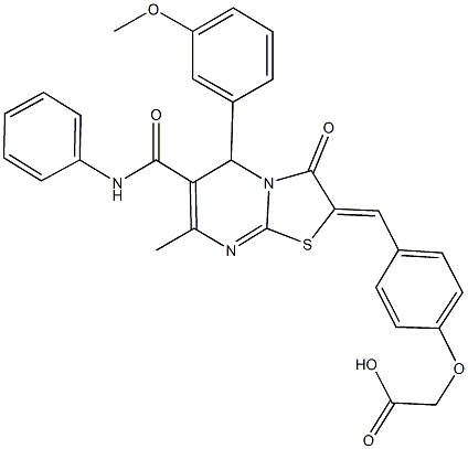 {4-[(6-(anilinocarbonyl)-5-(3-methoxyphenyl)-7-methyl-3-oxo-5H-[1,3]thiazolo[3,2-a]pyrimidin-2(3H)-ylidene)methyl]phenoxy}acetic acid 化学構造式