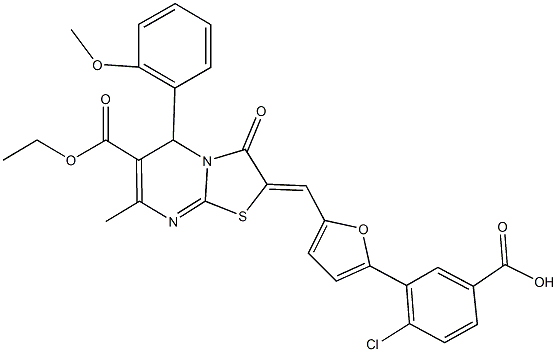 4-chloro-3-{5-[(6-(ethoxycarbonyl)-5-(2-methoxyphenyl)-7-methyl-3-oxo-5H-[1,3]thiazolo[3,2-a]pyrimidin-2(3H)-ylidene)methyl]-2-furyl}benzoic acid,445426-28-8,结构式