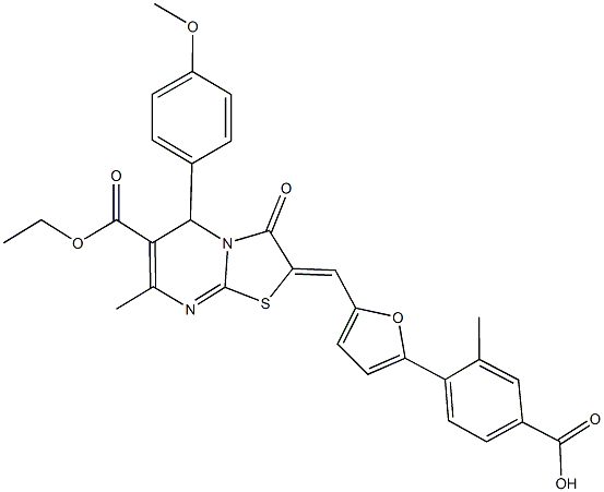 4-{5-[(6-(ethoxycarbonyl)-5-(4-methoxyphenyl)-7-methyl-3-oxo-5H-[1,3]thiazolo[3,2-a]pyrimidin-2(3H)-ylidene)methyl]-2-furyl}-3-methylbenzoic acid 化学構造式