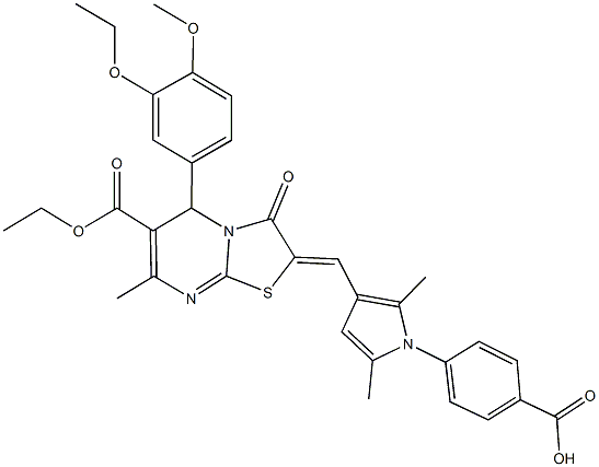 4-{3-[(6-(ethoxycarbonyl)-5-(3-ethoxy-4-methoxyphenyl)-7-methyl-3-oxo-5H-[1,3]thiazolo[3,2-a]pyrimidin-2(3H)-ylidene)methyl]-2,5-dimethyl-1H-pyrrol-1-yl}benzoic acid Structure