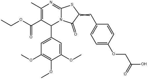 {4-[(6-(ethoxycarbonyl)-7-methyl-3-oxo-5-(3,4,5-trimethoxyphenyl)-5H-[1,3]thiazolo[3,2-a]pyrimidin-2(3H)-ylidene)methyl]phenoxy}acetic acid 化学構造式