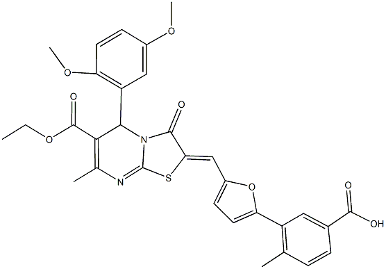 3-{5-[(5-(2,5-dimethoxyphenyl)-6-(ethoxycarbonyl)-7-methyl-3-oxo-5H-[1,3]thiazolo[3,2-a]pyrimidin-2(3H)-ylidene)methyl]-2-furyl}-4-methylbenzoic acid 化学構造式
