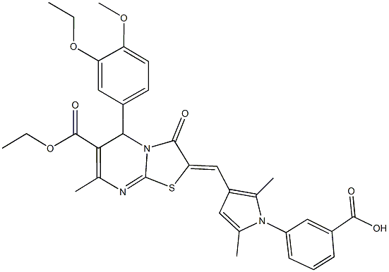 3-{3-[(6-(ethoxycarbonyl)-5-(3-ethoxy-4-methoxyphenyl)-7-methyl-3-oxo-5H-[1,3]thiazolo[3,2-a]pyrimidin-2(3H)-ylidene)methyl]-2,5-dimethyl-1H-pyrrol-1-yl}benzoic acid 化学構造式
