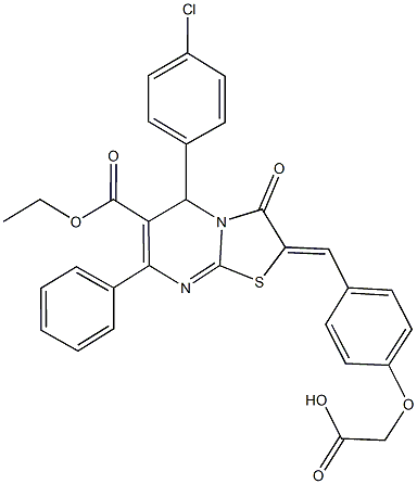 {4-[(5-(4-chlorophenyl)-6-(ethoxycarbonyl)-3-oxo-7-phenyl-5H-[1,3]thiazolo[3,2-a]pyrimidin-2(3H)-ylidene)methyl]phenoxy}acetic acid Structure