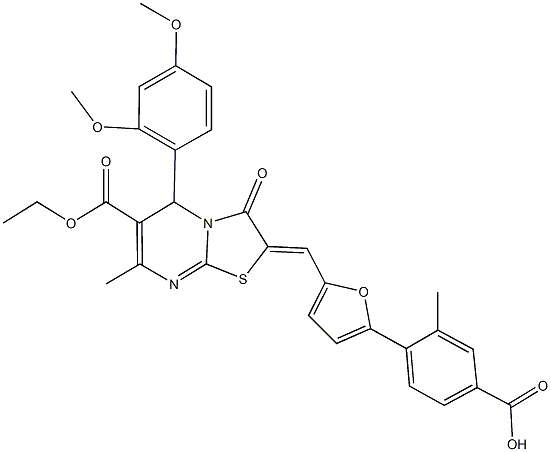 4-{5-[(5-(2,4-dimethoxyphenyl)-6-(ethoxycarbonyl)-7-methyl-3-oxo-5H-[1,3]thiazolo[3,2-a]pyrimidin-2(3H)-ylidene)methyl]-2-furyl}-3-methylbenzoic acid,445426-42-6,结构式