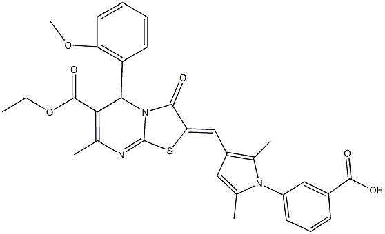 3-{3-[(6-(ethoxycarbonyl)-5-(2-methoxyphenyl)-7-methyl-3-oxo-5H-[1,3]thiazolo[3,2-a]pyrimidin-2(3H)-ylidene)methyl]-2,5-dimethyl-1H-pyrrol-1-yl}benzoic acid 结构式