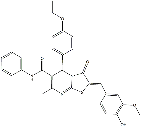 5-(4-ethoxyphenyl)-2-(4-hydroxy-3-methoxybenzylidene)-7-methyl-3-oxo-N-phenyl-2,3-dihydro-5H-[1,3]thiazolo[3,2-a]pyrimidine-6-carboxamide 化学構造式