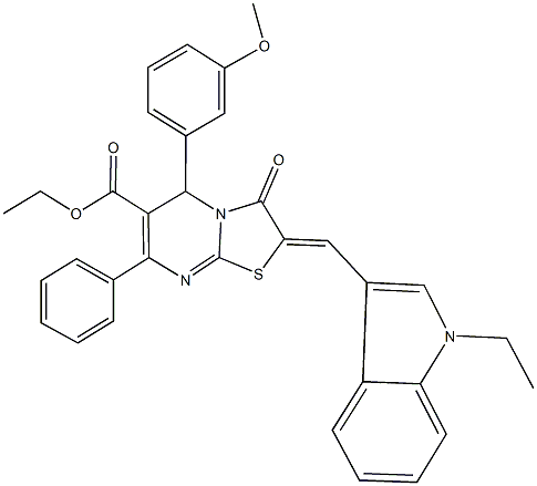 ethyl 2-[(1-ethyl-1H-indol-3-yl)methylene]-5-(3-methoxyphenyl)-3-oxo-7-phenyl-2,3-dihydro-5H-[1,3]thiazolo[3,2-a]pyrimidine-6-carboxylate,445426-54-0,结构式