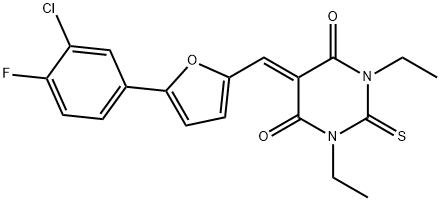 5-{[5-(3-chloro-4-fluorophenyl)-2-furyl]methylene}-1,3-diethyl-2-thioxodihydro-4,6(1H,5H)-pyrimidinedione 化学構造式