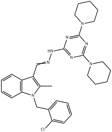 1-(2-chlorobenzyl)-2-methyl-1H-indole-3-carbaldehyde (4,6-dipiperidin-1-yl-1,3,5-triazin-2-yl)hydrazone,445456-35-9,结构式