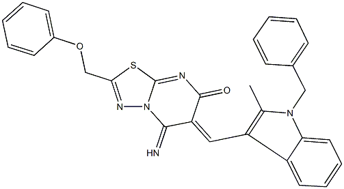 6-[(1-benzyl-2-methyl-1H-indol-3-yl)methylene]-5-imino-2-(phenoxymethyl)-5,6-dihydro-7H-[1,3,4]thiadiazolo[3,2-a]pyrimidin-7-one Struktur