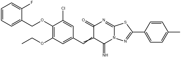 6-{3-chloro-5-ethoxy-4-[(2-fluorobenzyl)oxy]benzylidene}-5-imino-2-(4-methylphenyl)-5,6-dihydro-7H-[1,3,4]thiadiazolo[3,2-a]pyrimidin-7-one 化学構造式