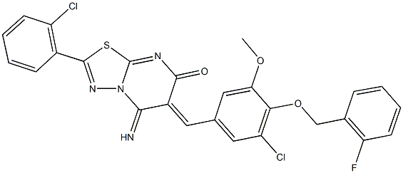 6-{3-chloro-4-[(2-fluorobenzyl)oxy]-5-methoxybenzylidene}-2-(2-chlorophenyl)-5-imino-5,6-dihydro-7H-[1,3,4]thiadiazolo[3,2-a]pyrimidin-7-one Struktur