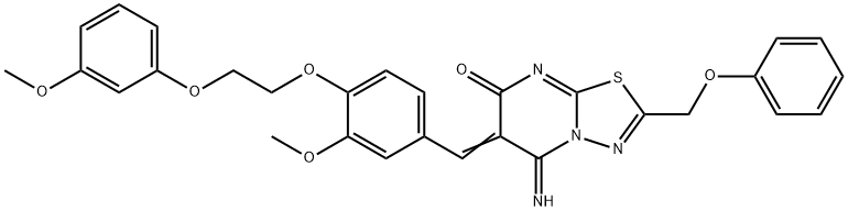 5-imino-6-{3-methoxy-4-[2-(3-methoxyphenoxy)ethoxy]benzylidene}-2-(phenoxymethyl)-5,6-dihydro-7H-[1,3,4]thiadiazolo[3,2-a]pyrimidin-7-one Struktur